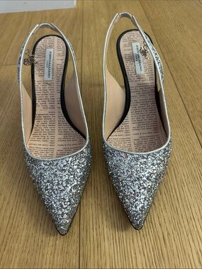John Galliano Silver Glitter Pointed Slingback Heels